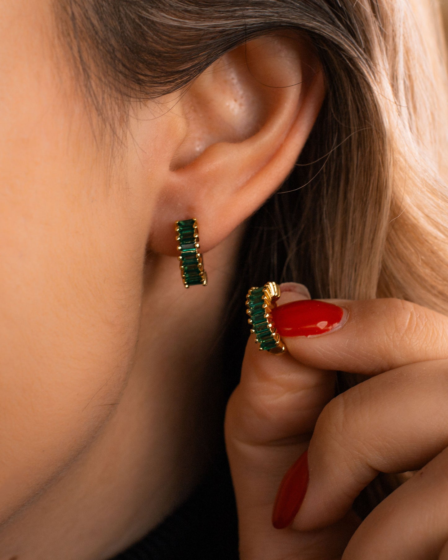 Emerald Baguette Hoop Earrings